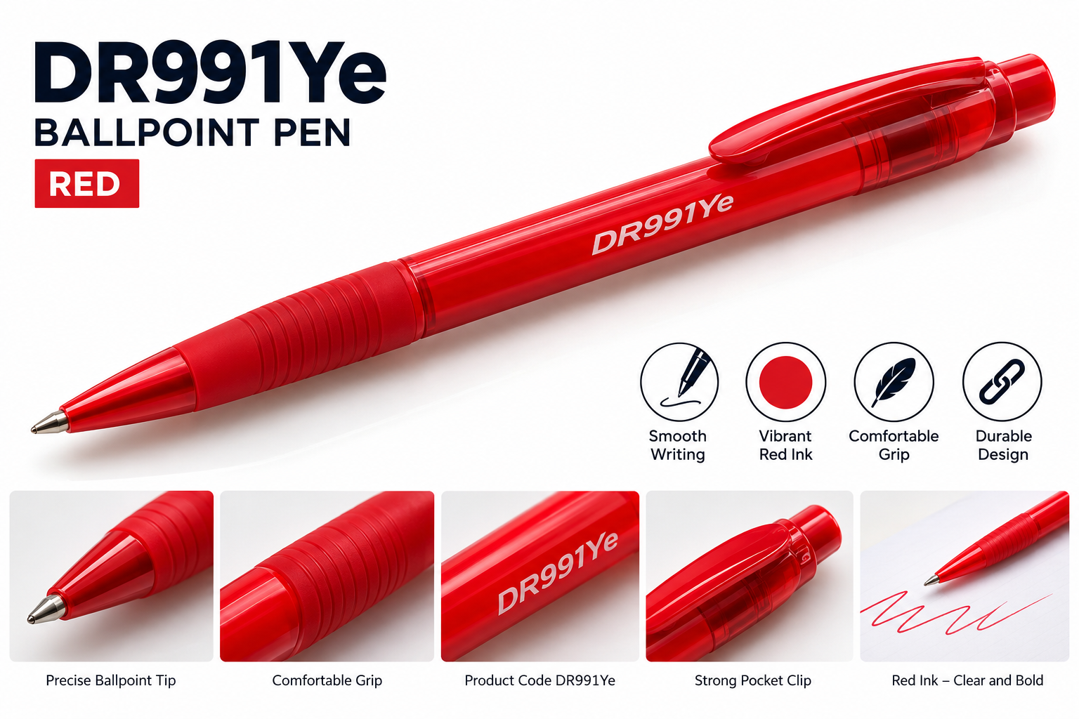 DR991Ye red ballpoint pen product concept graphic showing the red pen and close-up details